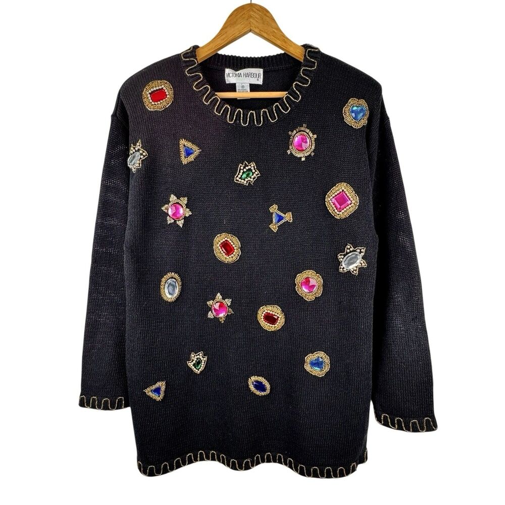 Vintage 80s Victoria Harbour Jewel Sweater M‎ Black Beaded Glam Granny Ugly